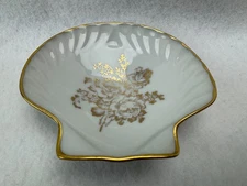 Vintage Limoges Porcelain Shell Shape Trinket Jewelry Dish Gold Floral Pattern