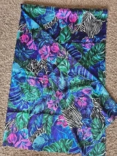 Vtg M M FAB INC 1989 Silky With Sheen Poly Blue Palm W Black  Zebra 2 yd x 44"