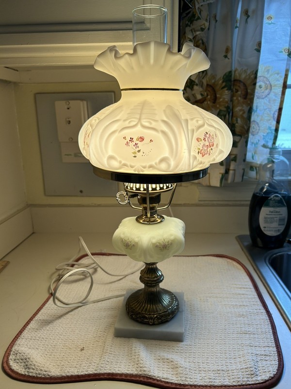 Fenton  Hand-Painted Flowers Student Lamp with Chimney.
