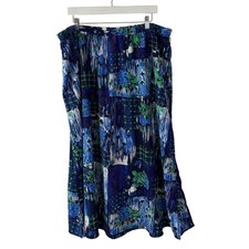 Kensington Square Vintage Blue Green Floral Abstract Midi Skirt Elastic Waist