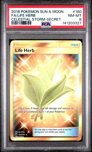 2018 POKEMON SUN & MOON CELESTIAL STORM SECRET #180 FULL ART/LIFE HERB PSA 8