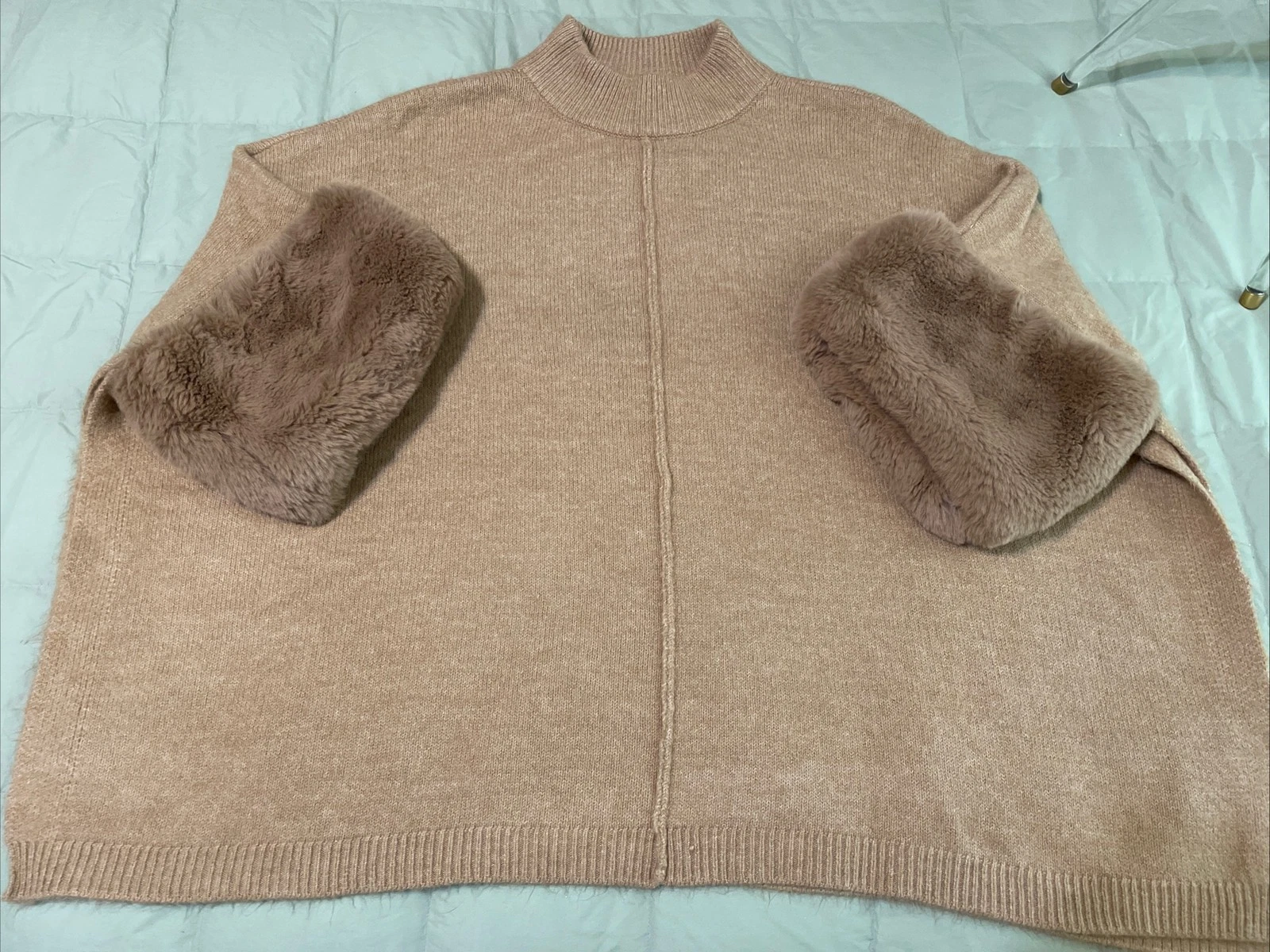 Boston Proper Poncho Sweater Womens M//L Brown Knit Faux Fur Cuffs Mock Neck
