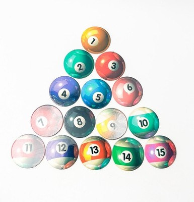 Unbranded Pogs Pool Ball Complete Set 1-15 Eight Ball Milk Cap Pog Lot