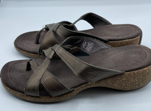 Merrell Brown Bronze Leather Toe Sandals Low Wedge Shoes Women 8 M Mule - Picture 6 of 6