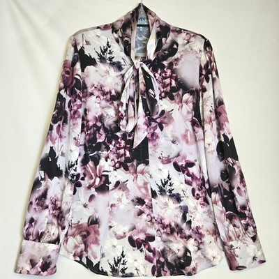Hawes & Curtis Fitted Floral Satin Pussybow Blouse Purple White Black 14 Flaws