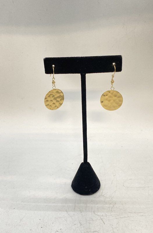 14K Yellow Gold Hammered Disc Dangle Earrings 1.5" Drop 2.17g