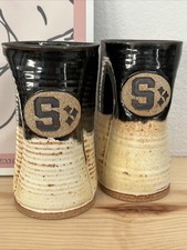 2 Pittsburgh Steelers Hand Made Pottery Tumblers Cups Drip Glaze Signed 6” NFL