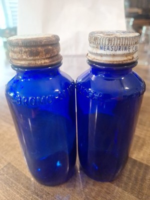 2 Vintage BROMO SELTZER  Cobolt Blue Glass Bottles 6''