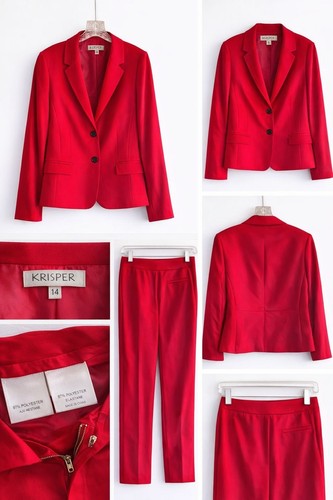 Combinaison pantalon femme Kasper 2 pièces rouge polyester fermeture à deux boutons légère - Photo 1 sur 14
