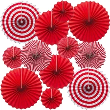 Hanging Paper Fans Set 12PCS Red Party Decorations Round Fan Wall Decor Paper...