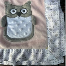 Wendy Bellissimo Baby Blanket Owl Pink Gray  Satin Edge Plush Security Lovey