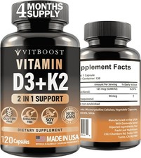 Vitamin D3 K2 Complex 5000 IU  K2 MK-7 90mcg Non-GMO Gluten-Free 120 Capsules