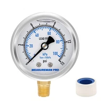 PRO 2" Dial Size, Glycerin Filled Pressure Gauge, 0-15psi/kpa, 304 Stainless ...