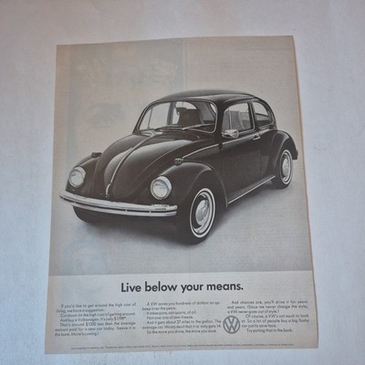Orginal Volkswagen VW magazine ad ''Live below your mean'' Slug Bug 