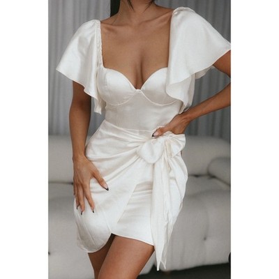 Selfie Leslie Aphrodite Satin Wrap Dress S Angel Sleeve Ivory NWT