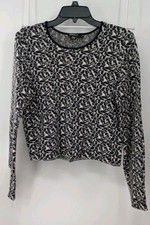 DKNY Cropped Stretch Sweater Wool Viscose Knit Size Medium Black Ivory EUC