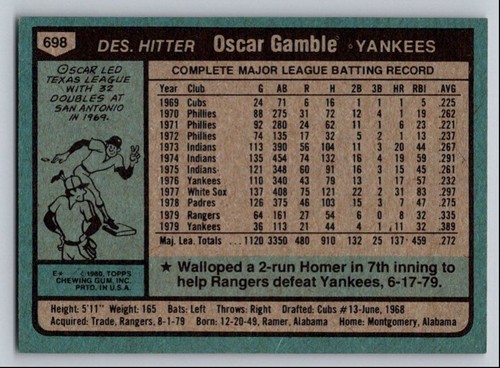 1980 TOPPS 1980 TOPPS BASEBALL OSCAR GAMBLE NEW YORK YANKEES #698 - Picture 2 of 2