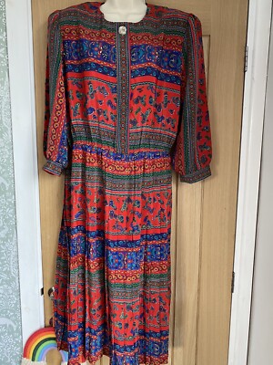70s 80s Vintage Red Blue Paisley Print Pleated Midi Dress By Lady Carol  12-16 | eBay UK