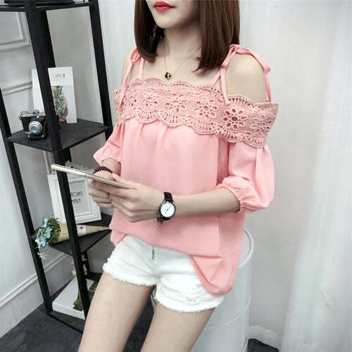 One Line Collar Off Shoulder Chiffon Shirt Women s Korean Style