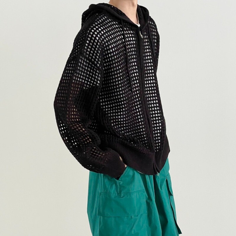Unisex Adult Knitted Hollow Out Cardigan Hooded Sweater