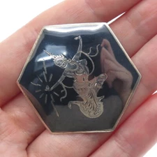 925 Sterling Silver Antique Siam Niello Hindu Goddess Pin Brooch