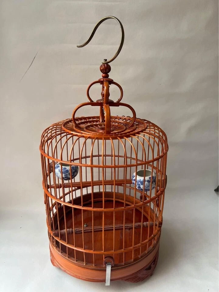 Vintage Birdcage Round Carved Bamboo Wooden Bird Cage Wood Hang or Tabletop Asia