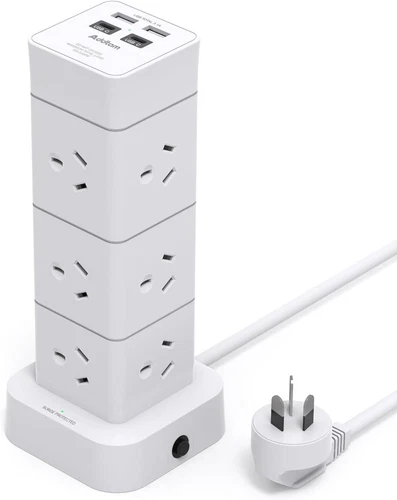 Power Board Surge Protected, Tower Power Strip - 12 AC Outlets 4 USB Ports etc