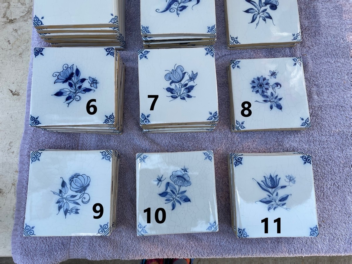 Antique TILE MAKKUM Tichelaar Delft blue Holland flowers and plain
