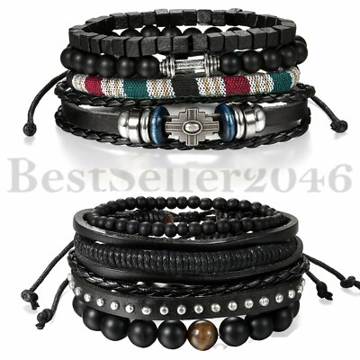8PCS Lots Cross Tribal Beaded Leather Cuff Bracelets Bangle Wristbands Women Men