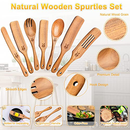 7Pcs Wooden Spurtle Spatula Set, Natural Premium Acacia Wooden Spoons for Cookin - Picture 2 of 6