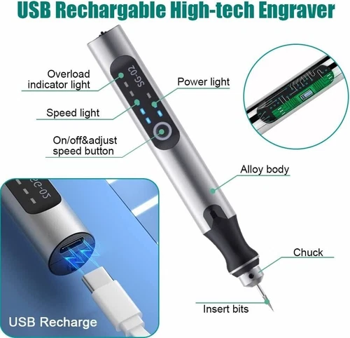 Multifunctional Electric Engraving Pen with 37 Bits, USB Rechargeable Cordless - Picture 8 of 22