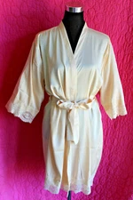 LAUREN LUSH DESIGNS Ivory Satin Short Robe + Tie Lace Trim 3/4 Sleeve Sz S to M