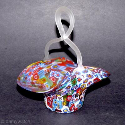 AMAZING Vintage MURANO   MILLEFIORI Basket Clear Satin Italian ITALY Perfect!