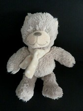 R6- DOUDOU PELUCHE OURS OSCAR J-LINE GRIS TAUPE ECHARPE POIS BLANC 23cm - TTBE