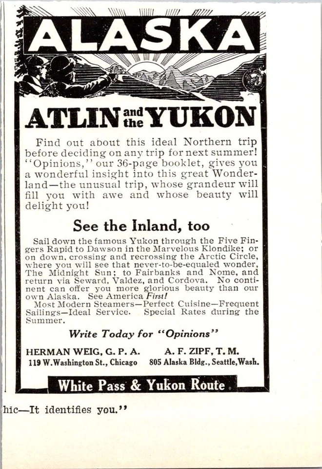 Antiguo anuncio Alaska White Pass Sail 5 dedos rápidos Dawson Yukon AK WA 2/1917 Foto 2 de 3