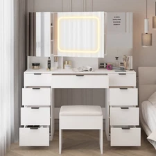 Vanity Table Set Dressing Makeup 9 Dresser Drawer LED Mirror with Power Outlets