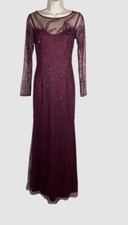 Papell Studio Women's Purple Beaded Lined Boat Neck Long-Sleeve Gown Size 2