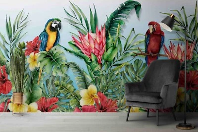 3D Green Leaf Floral Parrot Wall Murals Wallpaper Murals Wall Sticker 279 - Image 1 of 4
