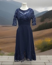 Women's Lace 3/4 Sleeves A Line Tea Length Chiffon Formal Evening Gown Navy Sz 4