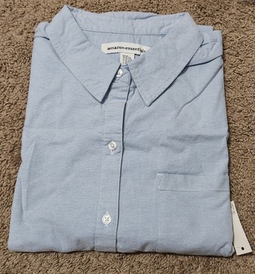 Amazon Essentials Women's Long Sleeve Button Down Stretch Oxford Shirt Blue New