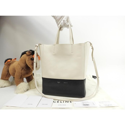 Celine Cabas Small Vertical Tote Bag Off White Black Grained Calfskin Auth
