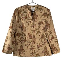 Talbots Womens Beige Floral Button Up Long Sleeve Lined Pure Silk Blazer Size 8