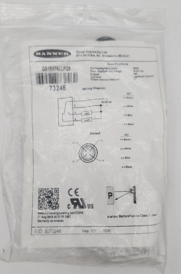 BANNER QS18VP6LLPQ8 Photoelectric Sensor, Laser Polarized Retro *NDA AVAILABLE* - Image 2 of 2