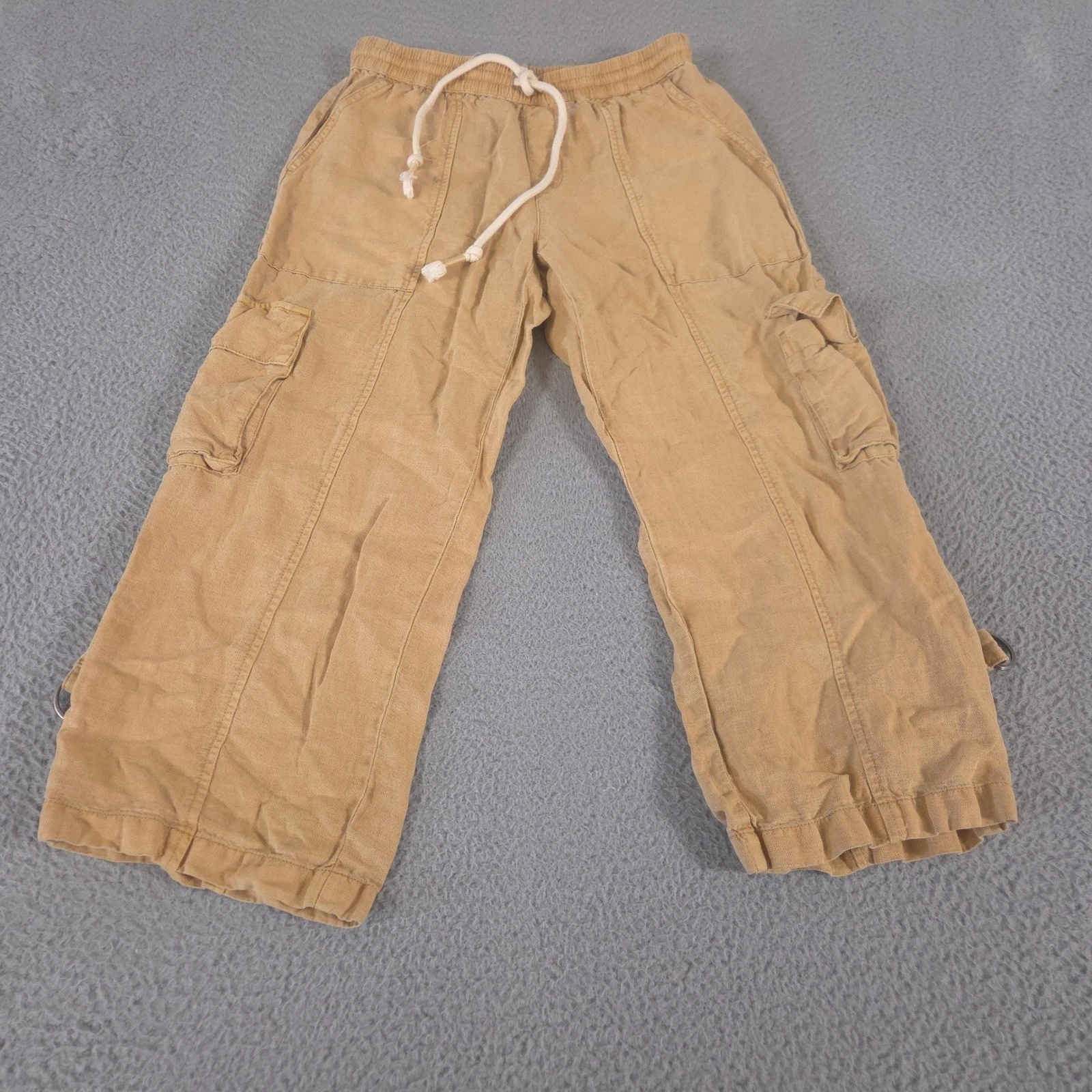Nicole Miller Pants Womens S Tan Linen Blend Wide Leg Drawstring Cargo Utility