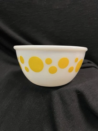 Hazel Atlas Yellow Polka dot  5.75" Mixing Bowl Milk Glass Vintage