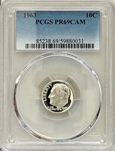 1963 PROOF ROOSEVELT DIME PCGS PR69 CAM, SOLID CAMEOS, GREAT EYE APPEAL!