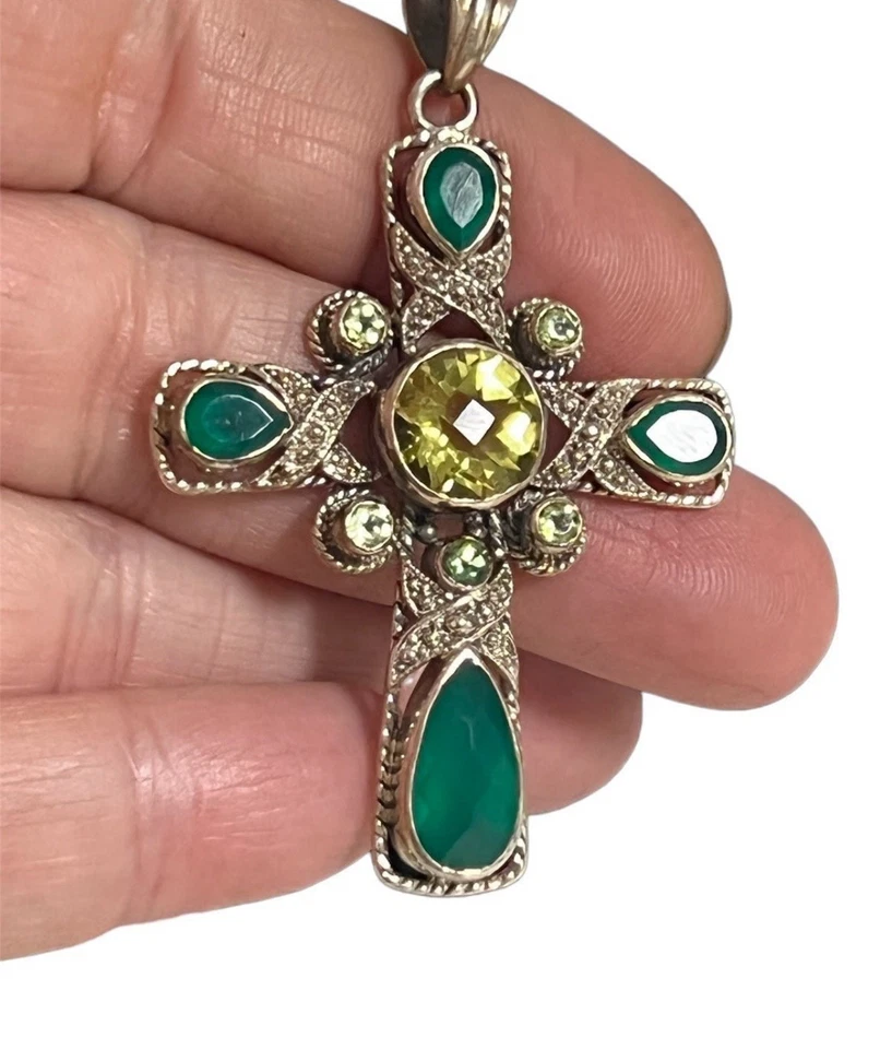 Nicky Butler Sterling Silver 925 Cross Pendant NB Green Chalcedony Peridot Topaz - Image 4 of 4