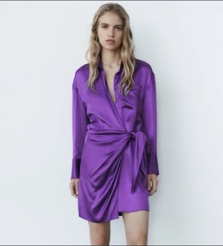 Zara Purple Satin Effect Wrap Shirt Dress NWT Sz Small Blogger Fav Silky Baddie - Picture 1 of 16