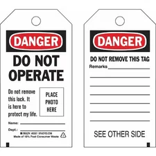 Brady 65500 Lockout Tag, Danger, Polyester, 3 In Width, 5 3/4 In Height, Write