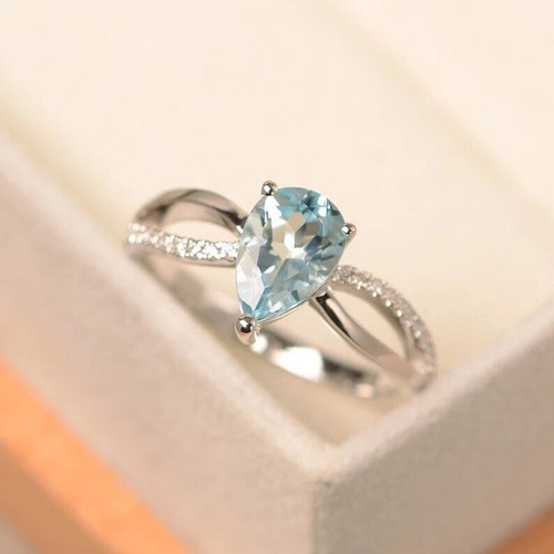 1.25Ct pear cut Natural Aquamarine &Diamond Engagement Ring 14K Solid White Gold - Picture 2 of 6